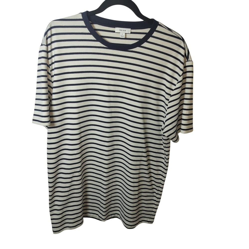 Reiss‎ Mens XL Striped Short Sleeve T-Shirt Navy Blue White Crew Neck Brentford